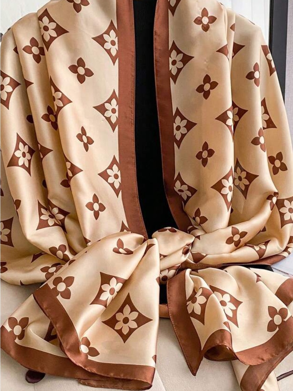 Beige and Brown Satin Patterned Wrap Scarf
